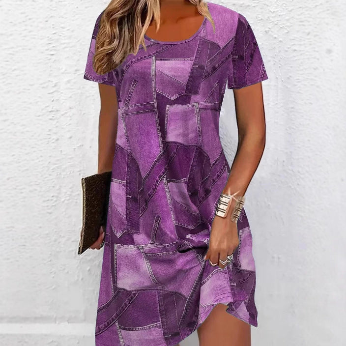 Women’s Plus Size Digital Print Denim-Look Short Sleeve Dress