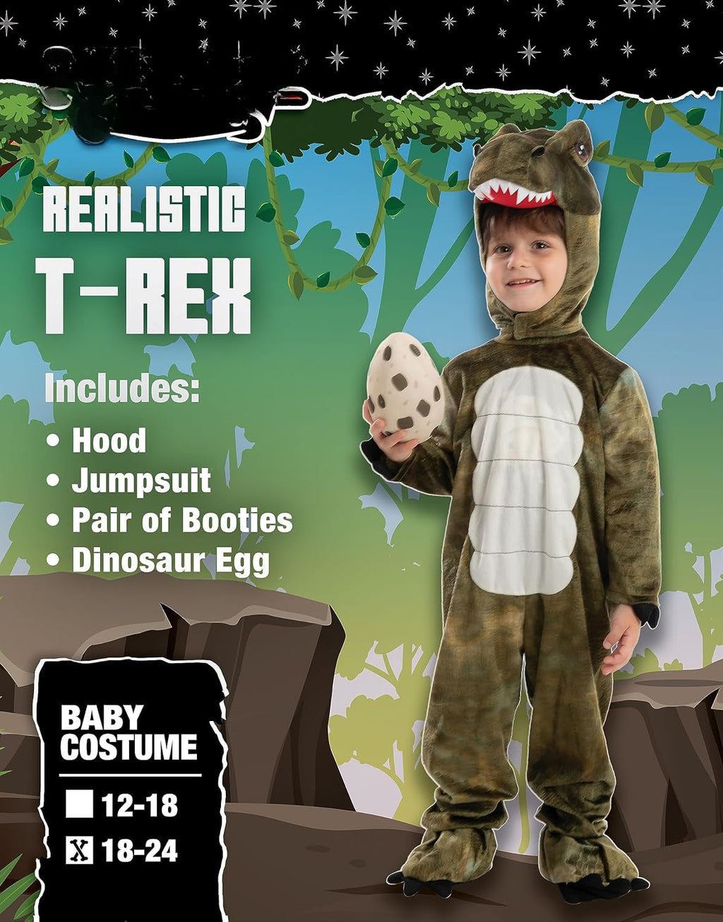 🦖 Realistic T-Rex Costume for Kids & Toddlers – Dinosaur Jumpsuit with Egg