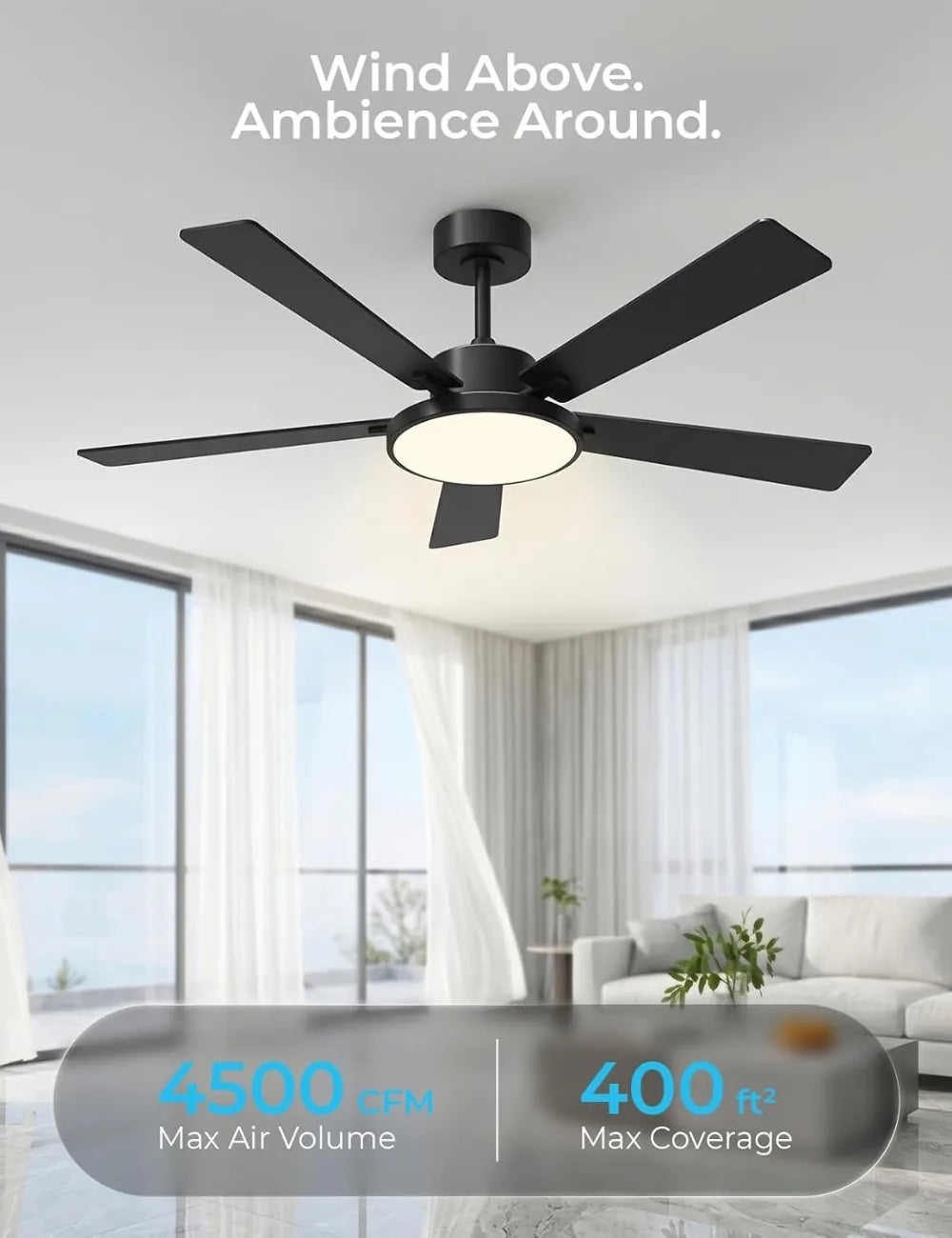 Smart Ceiling Fan with Lights, 52'' RGBCW Remote & App Control, Reversible DC Motor, 2600lm Dimmable, 6 Speeds & 2 Modes, Quiet for Bedroom
