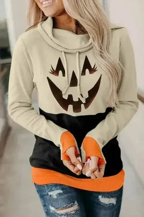 🎃🖤 Cute Black Cowl Neck Pumpkin Print Color Block Halloween Sweatshirt