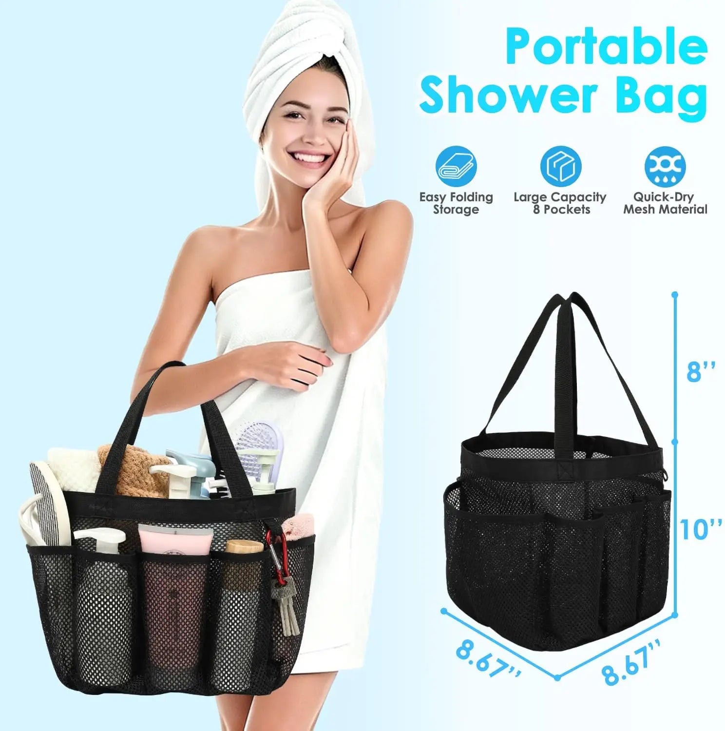 Mesh Shower Caddy Portable for College Dorm Room Essentials, Odorless Polyester Large Shower Tote Bag with Dual Handles, 8-Pocke