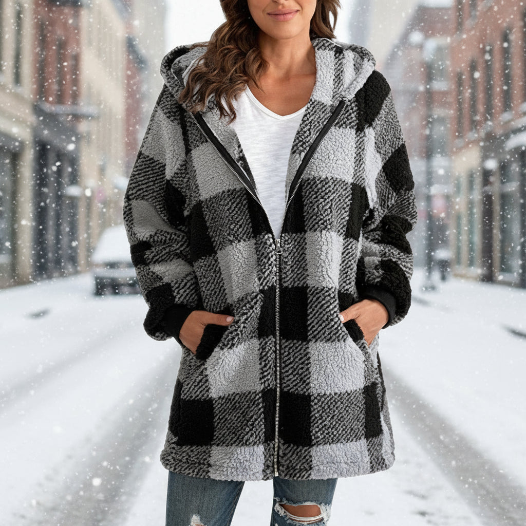 Plaid Hooded Zip-Up Oversized Jacket — Women’s Winter Commute Coat