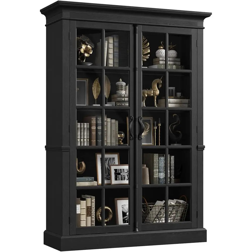 65 Tall Display Cabinet with Adjustable Shelves, 5-Tier Bookcase, Tempered Glass Door, Storage Cabinet for Home and Office, Blac