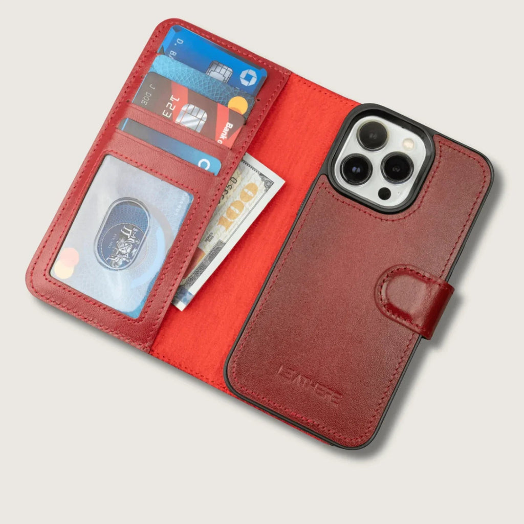 iPhone 16 Series Red Leather Wallet Case – New York Edition
