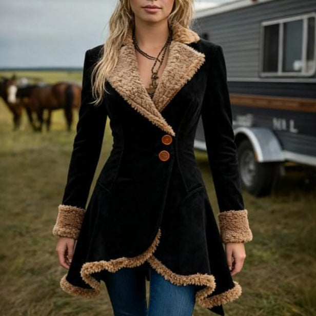 Women's black fleece winter coat with tan shearling lining, double buttons, and rolled cuffs, stylish cold weather outerwear