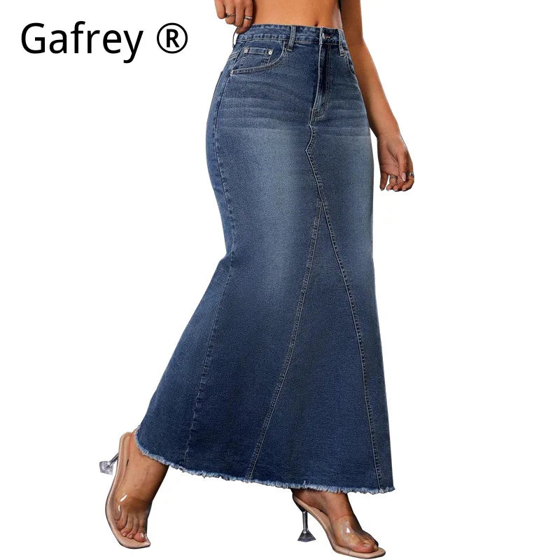 Women Denim Midi Skirt High Waist Fishtail Bodycon Fringe Hem Slim Fit Casual Vintage Streetwear Fashion Jean Skirt For Ladies