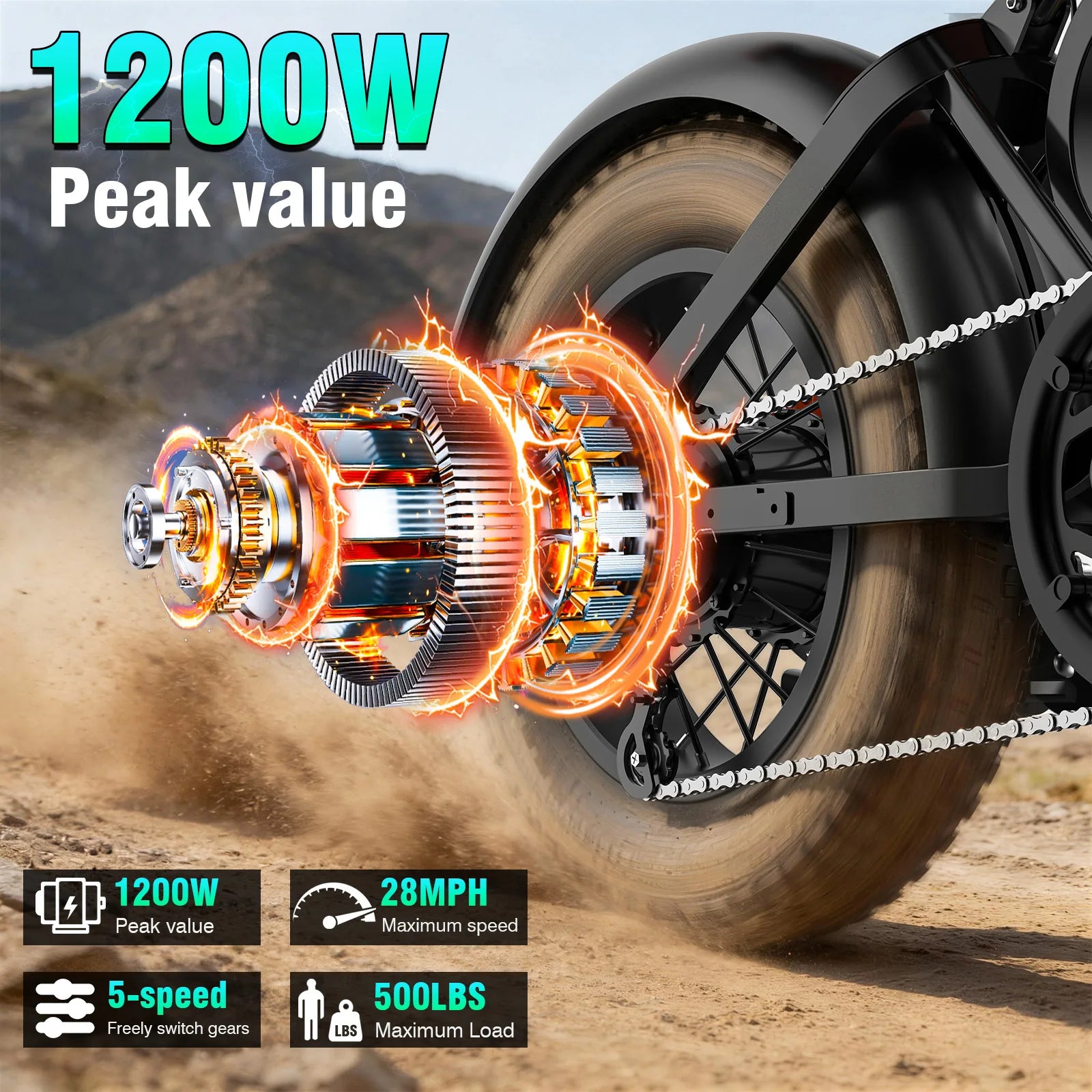🔥🔥🔥1200W All-terrain Electric Motorcycle, 48V18Ah Adult Electric Dirt Bike, 28MPH, 5-speed Variable Speed, Load Capacity of 500LBS