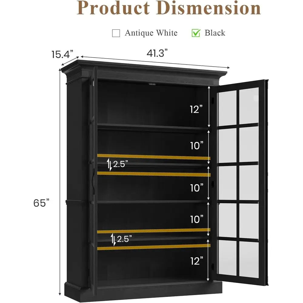 65 Tall Display Cabinet with Adjustable Shelves, 5-Tier Bookcase, Tempered Glass Door, Storage Cabinet for Home and Office, Blac
