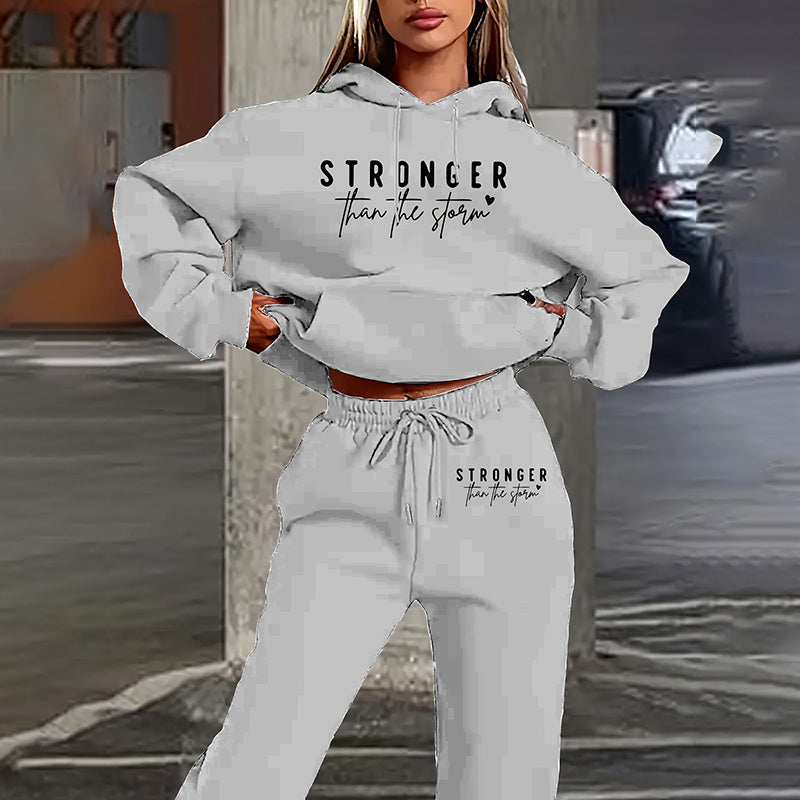 Women’s Solid 2-Piece Set – Letter Print Hoodie & Matching Pants