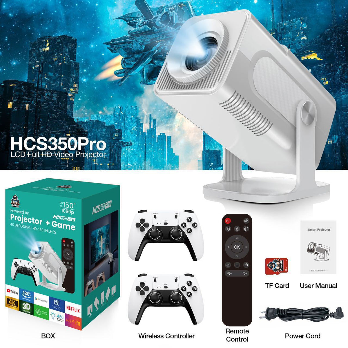 Mini Game Console Android WiFi Gamepad – 4K HD Projector Gaming System