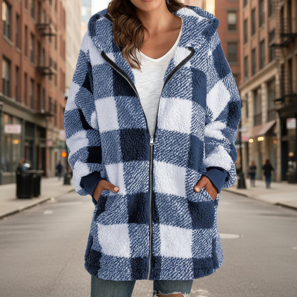 Plaid Hooded Zip-Up Oversized Jacket — Women’s Winter Commute Coat