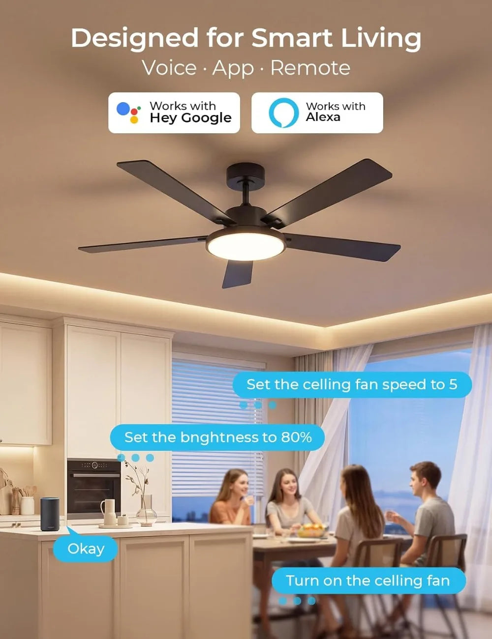 Smart Ceiling Fan with Lights, 52'' RGBCW Remote & App Control, Reversible DC Motor, 2600lm Dimmable, 6 Speeds & 2 Modes, Quiet for Bedroom