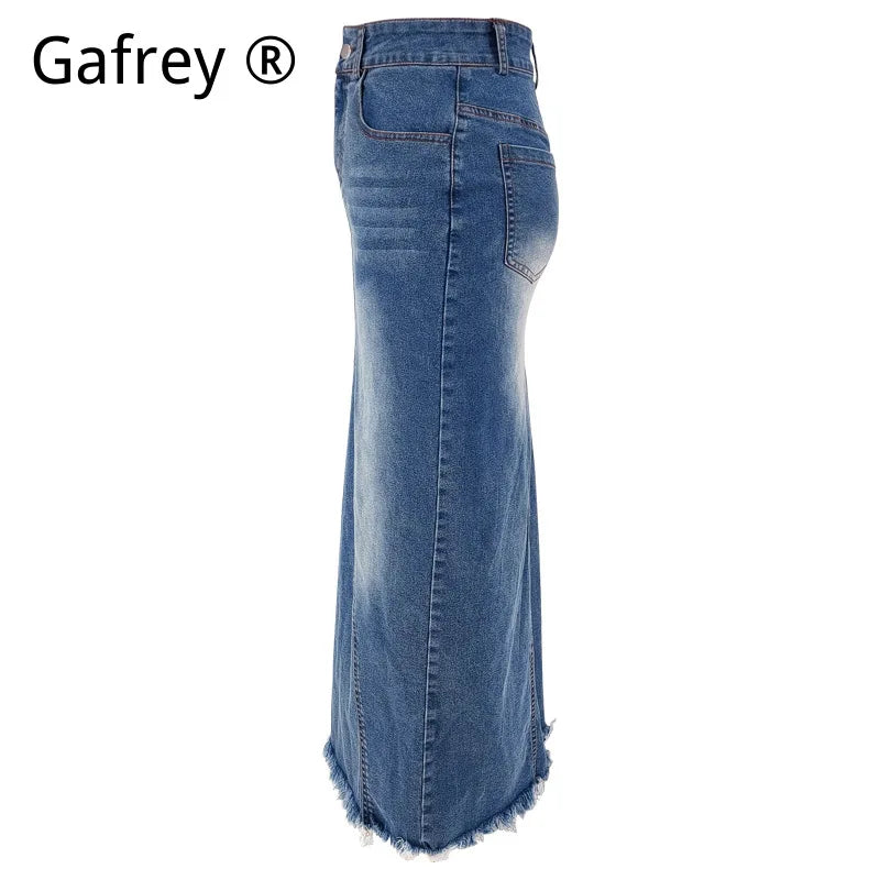 Women Denim Midi Skirt High Waist Fishtail Bodycon Fringe Hem Slim Fit Casual Vintage Streetwear Fashion Jean Skirt For Ladies