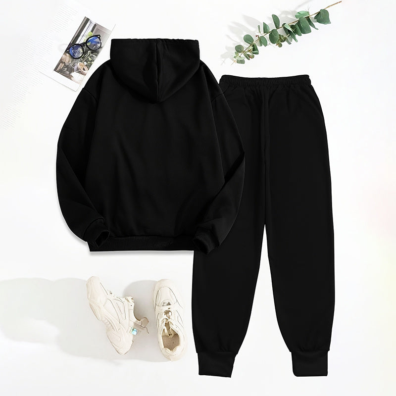 Women’s Solid 2-Piece Set – Letter Print Hoodie & Matching Pants