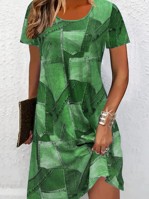 Women’s Plus Size Digital Print Denim-Look Short Sleeve Dress