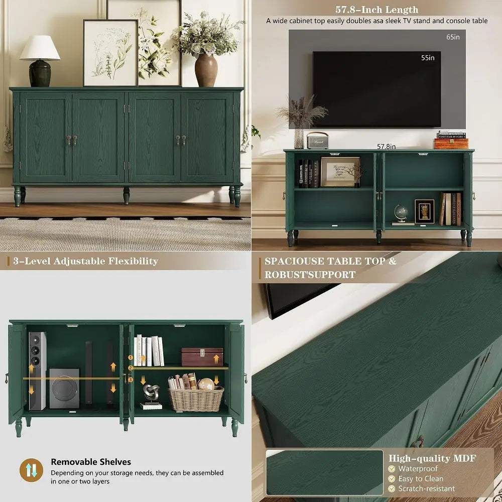 58 Sideboard Buffet Cabinet with Storage, Retro Wood Accent Cabinet with 4 Doors,Credenza with Adjustable Shelves for Living Ro
