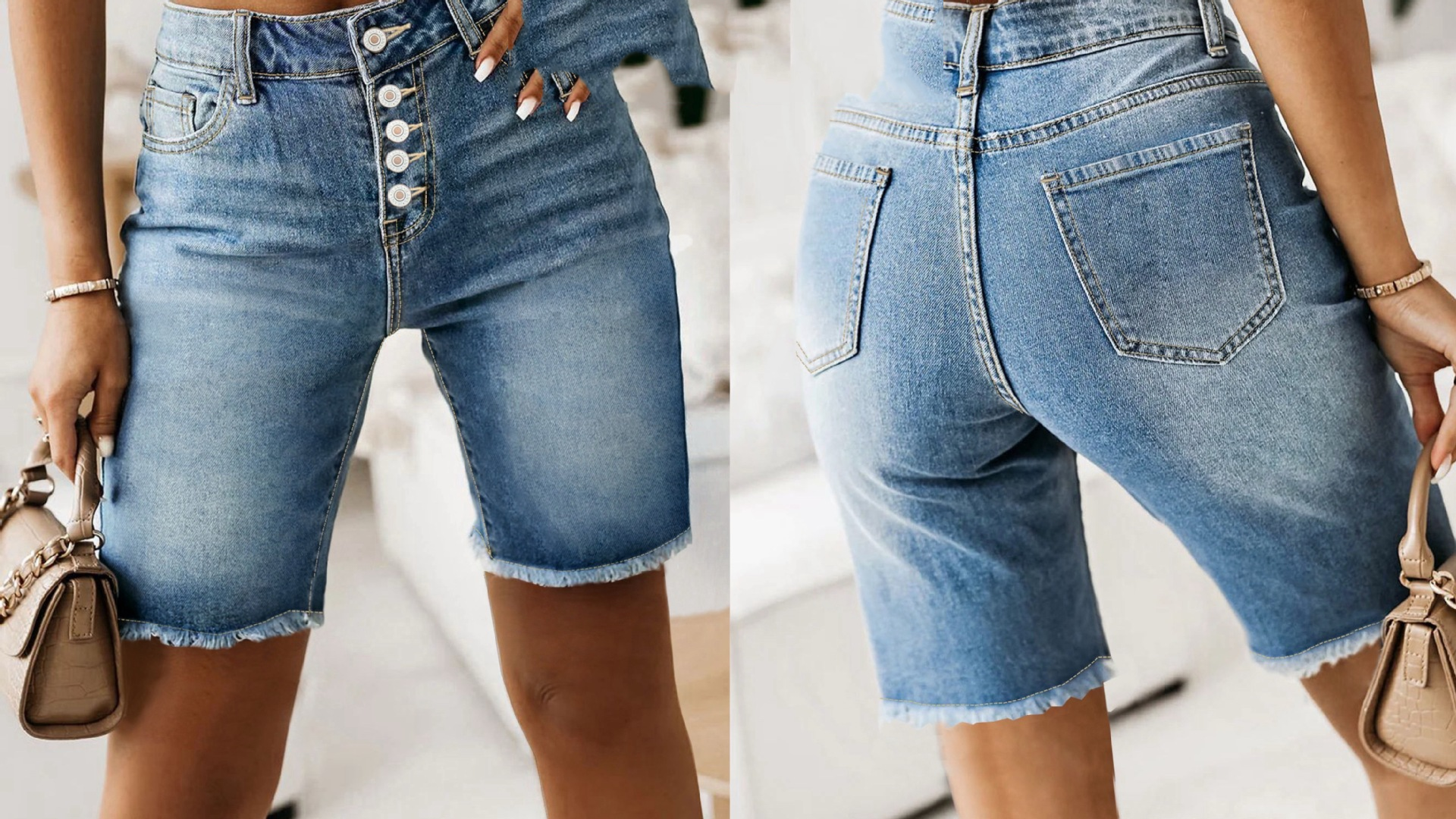 🔥 Women’s Cotton Denim Shorts – Mid-Length Frayed Hem Distressed