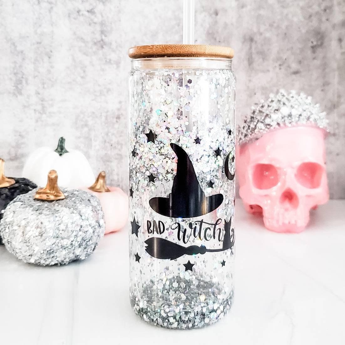 🖤 Bad Witch Halloween Snow Globe Glitter Iced Coffee Cup 🧙‍♀️✨