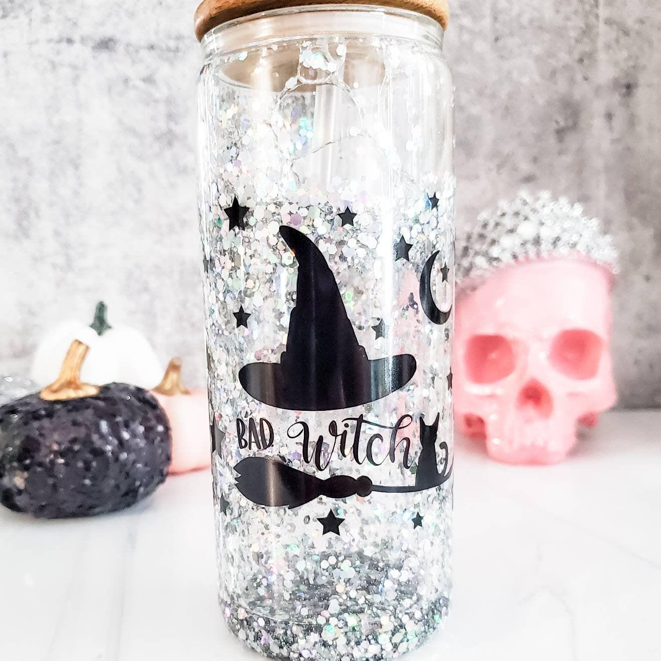 🖤 Bad Witch Halloween Snow Globe Glitter Iced Coffee Cup 🧙‍♀️✨