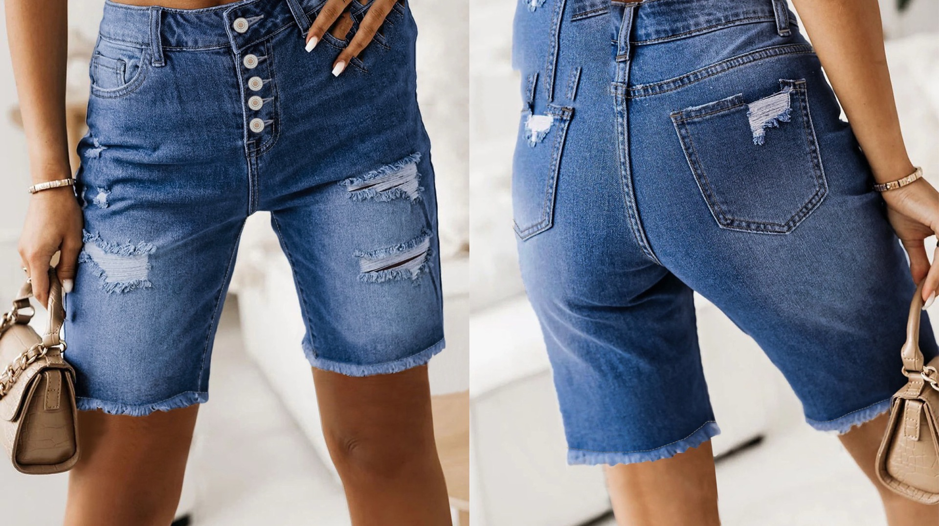 🔥 Women’s Cotton Denim Shorts – Mid-Length Frayed Hem Distressed