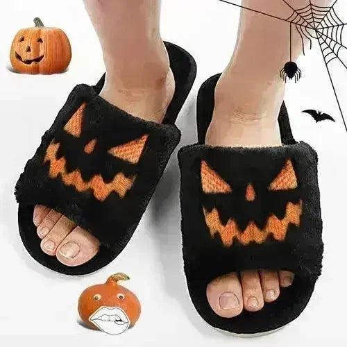 🎃🧡 Halloween Pumpkin Fuzzy Slippers – Soft Plush Cozy Open-Toe Women’s Slides