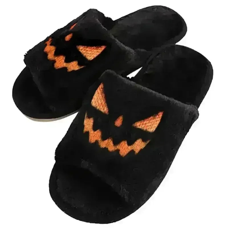 🎃🧡 Halloween Pumpkin Fuzzy Slippers – Soft Plush Cozy Open-Toe Women’s Slides