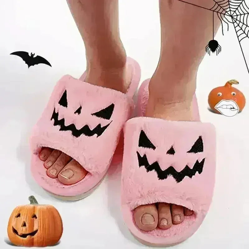 🎃🧡 Halloween Pumpkin Fuzzy Slippers – Soft Plush Cozy Open-Toe Women’s Slides