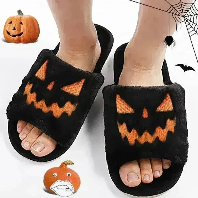 🎃🧡 Halloween Pumpkin Fuzzy Slippers – Soft Plush Cozy Open-Toe Women’s Slides