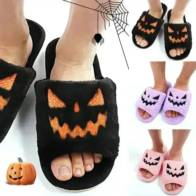 🎃🧡 Halloween Pumpkin Fuzzy Slippers – Soft Plush Cozy Open-Toe Women’s Slides