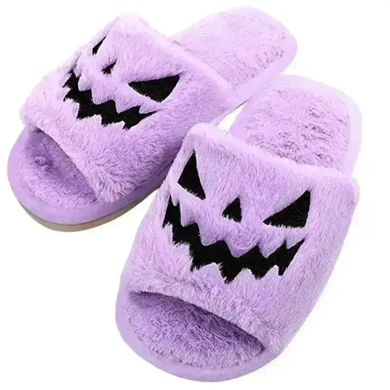 🎃🧡 Halloween Pumpkin Fuzzy Slippers – Soft Plush Cozy Open-Toe Women’s Slides