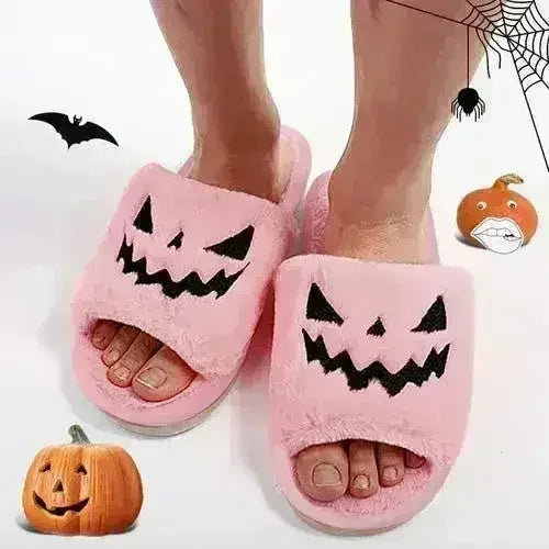🎃🧡 Halloween Pumpkin Fuzzy Slippers – Soft Plush Cozy Open-Toe Women’s Slides