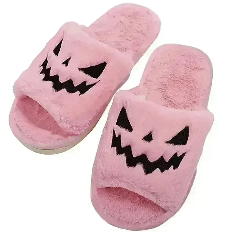 🎃🧡 Halloween Pumpkin Fuzzy Slippers – Soft Plush Cozy Open-Toe Women’s Slides