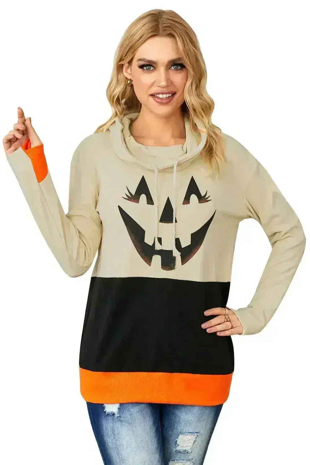 🎃🖤 Cute Black Cowl Neck Pumpkin Print Color Block Halloween Sweatshirt