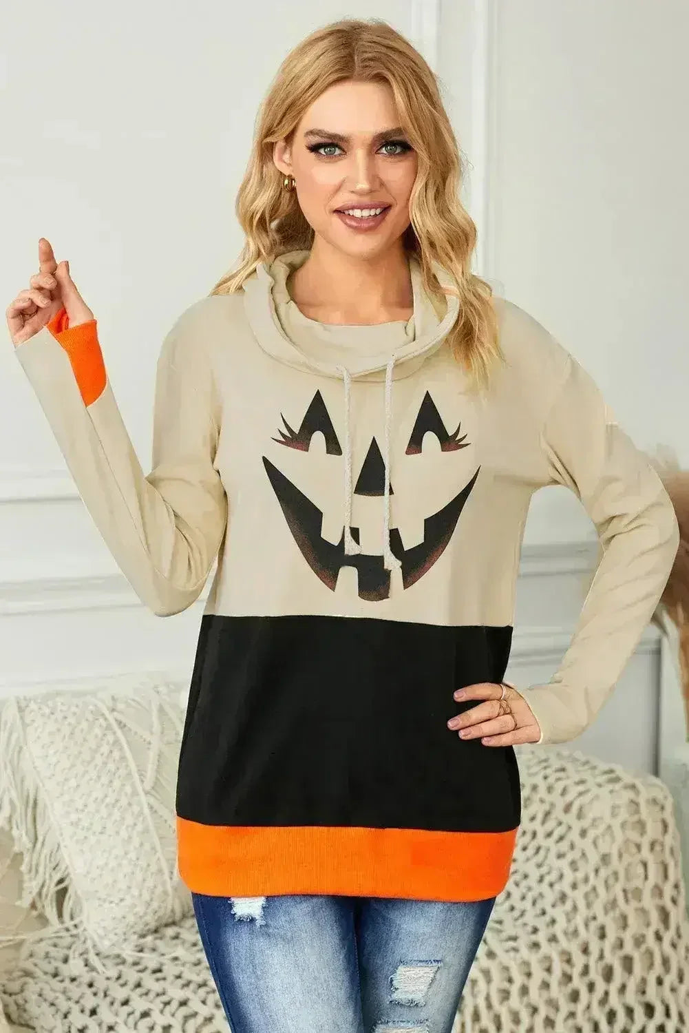 🎃🖤 Cute Black Cowl Neck Pumpkin Print Color Block Halloween Sweatshirt