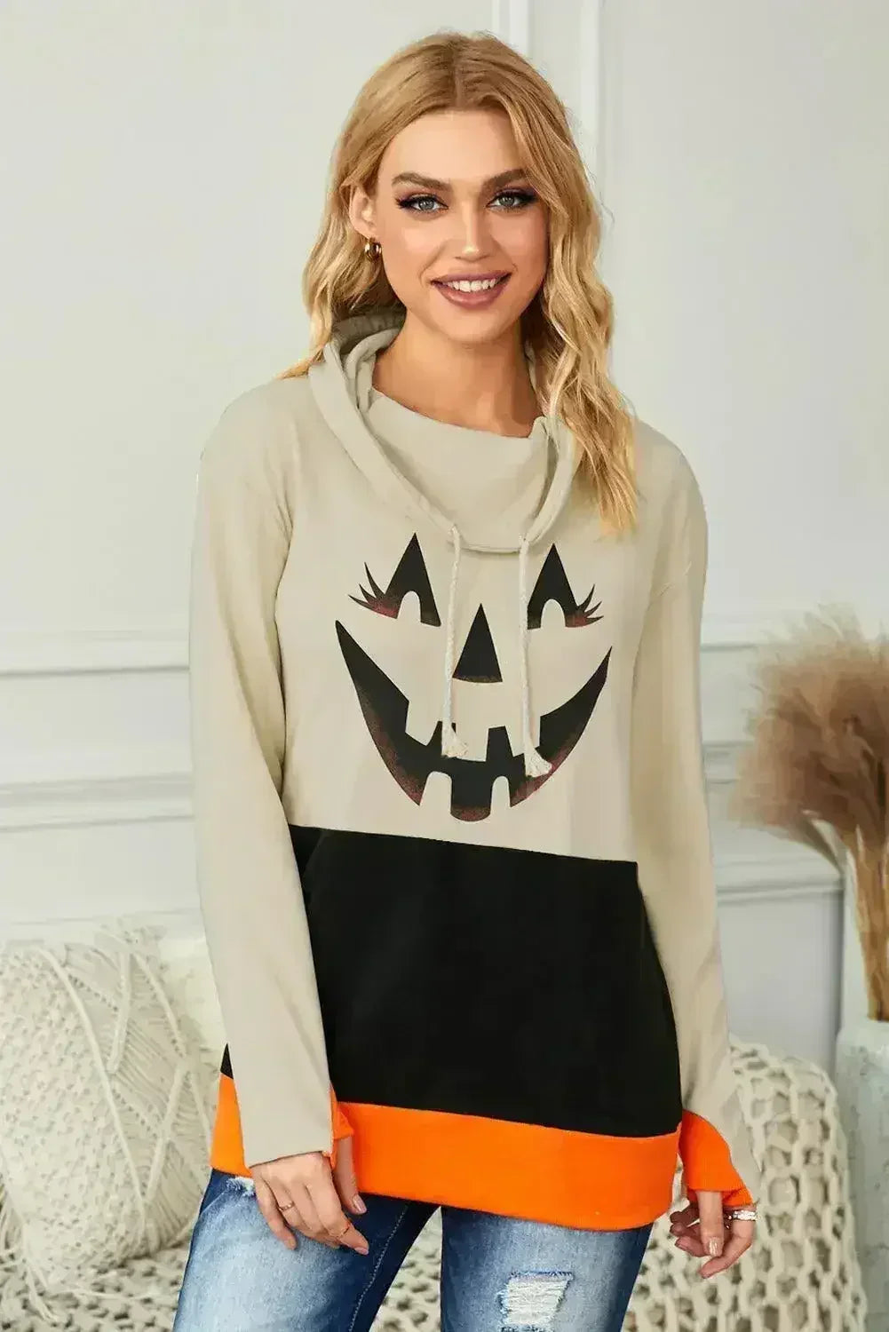 🎃🖤 Cute Black Cowl Neck Pumpkin Print Color Block Halloween Sweatshirt