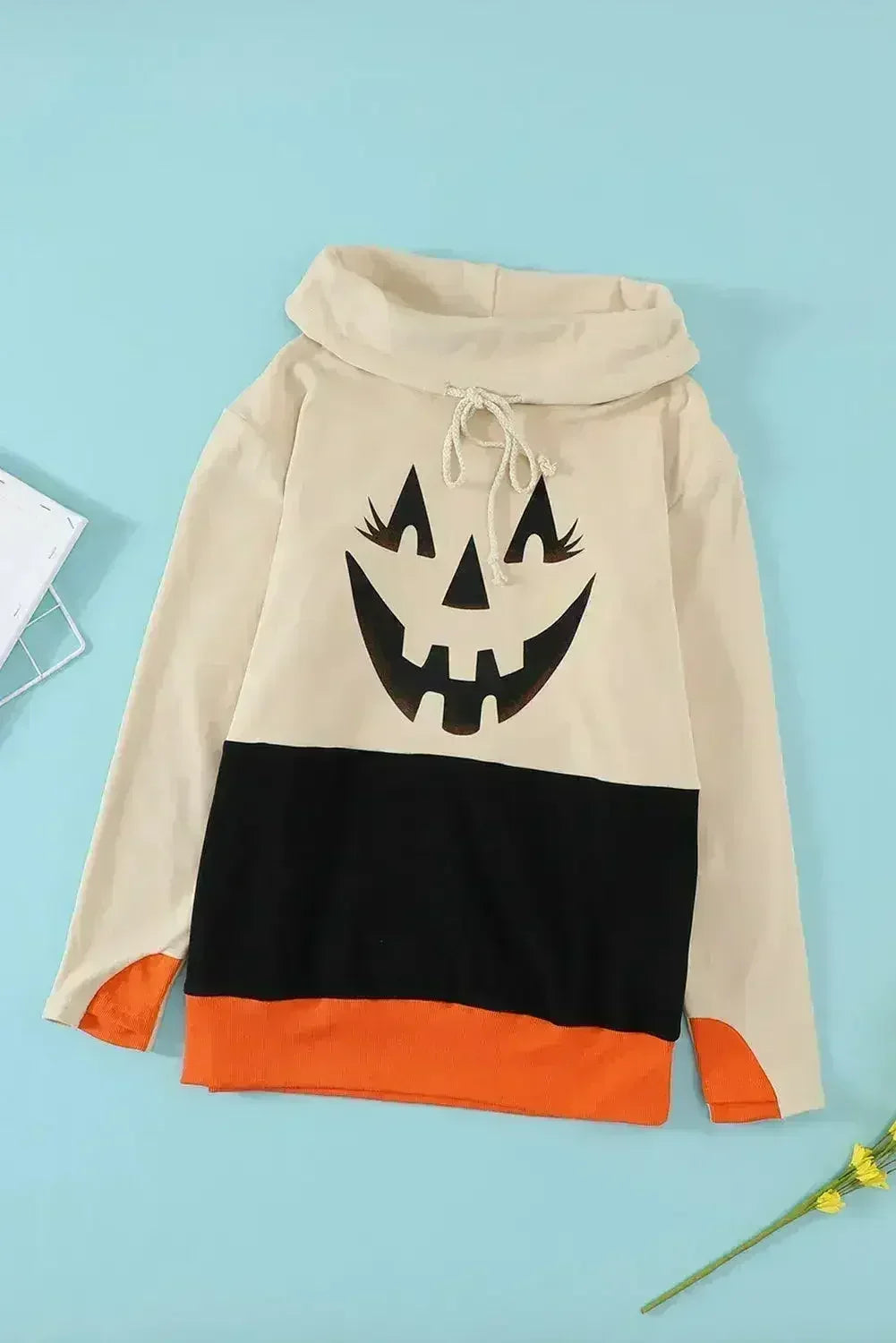 🎃🖤 Cute Black Cowl Neck Pumpkin Print Color Block Halloween Sweatshirt