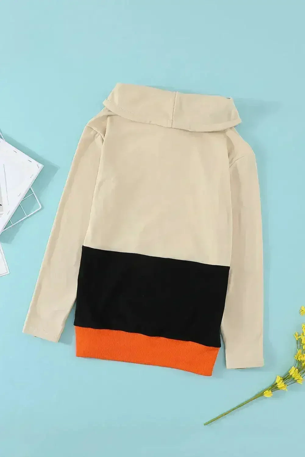 🎃🖤 Cute Black Cowl Neck Pumpkin Print Color Block Halloween Sweatshirt