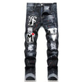 Men’s Y2K Ripped Stretch Denim Jeans – Slim Fit Letter Print Casual Streetwear Pants