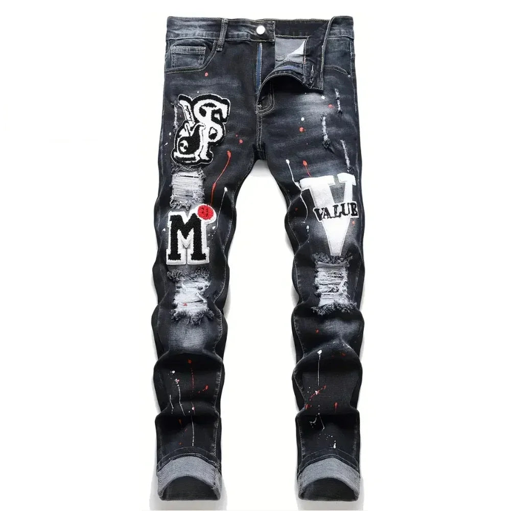 Men’s Y2K Ripped Stretch Denim Jeans – Slim Fit Letter Print Casual Streetwear Pants