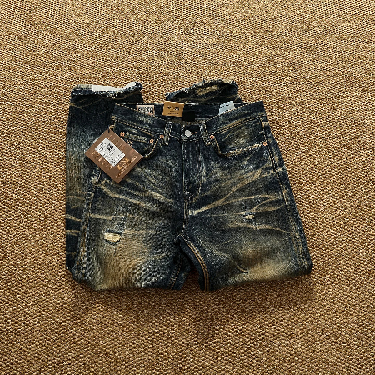 Men’s Heavyweight 14.5oz Distressed Denim Jeans – Patchwork Oil-Stain Wash Streetwear