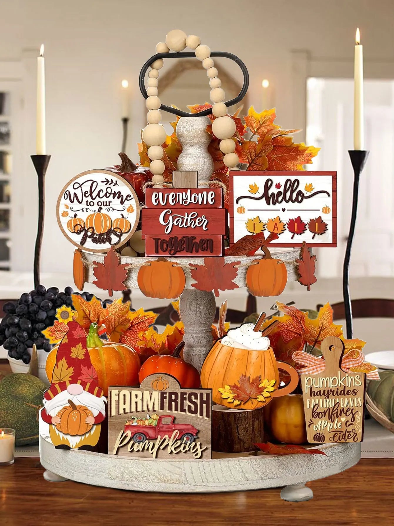 🍂 Fall Harvest Wooden Tiered Tray Decor Set – Farmhouse Autumn Charm