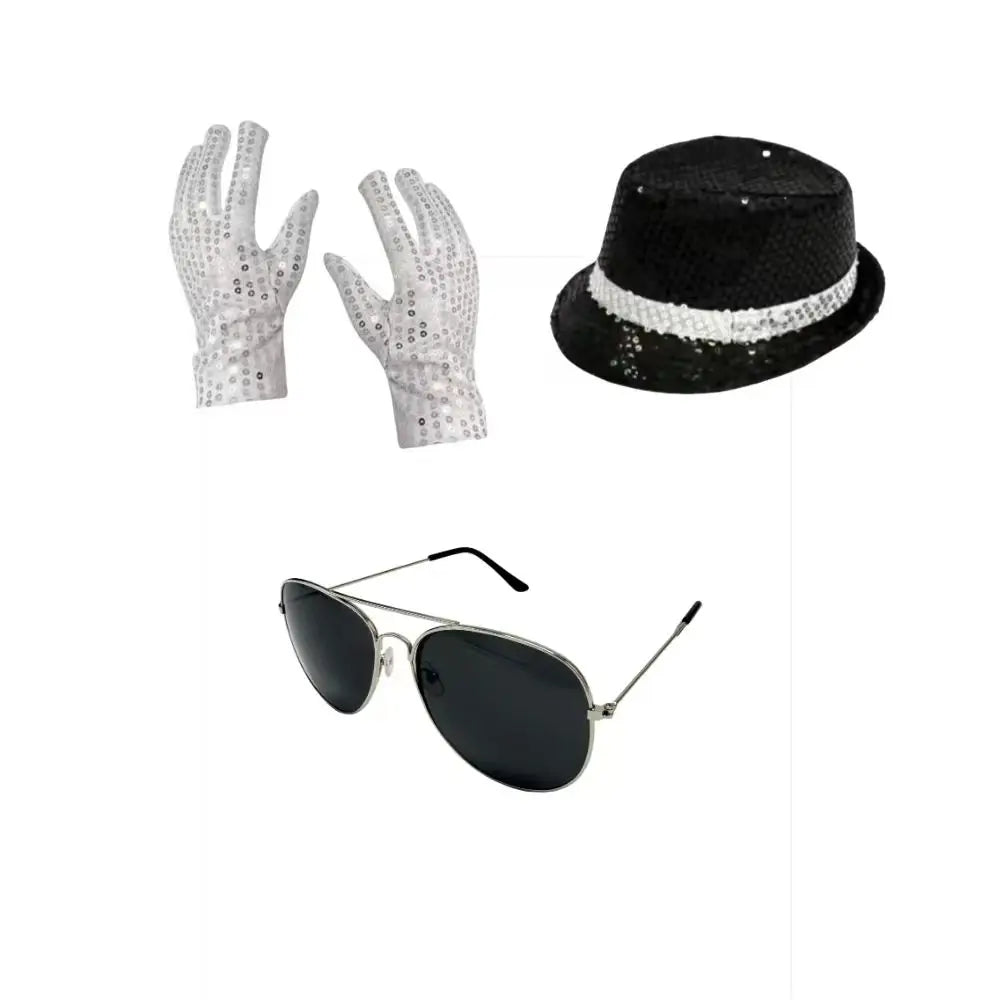 Michael Jackson-Inspired Costume Accessories Set – Sequin Fedora, Rhinestone Gloves & Aviator Sunglasses