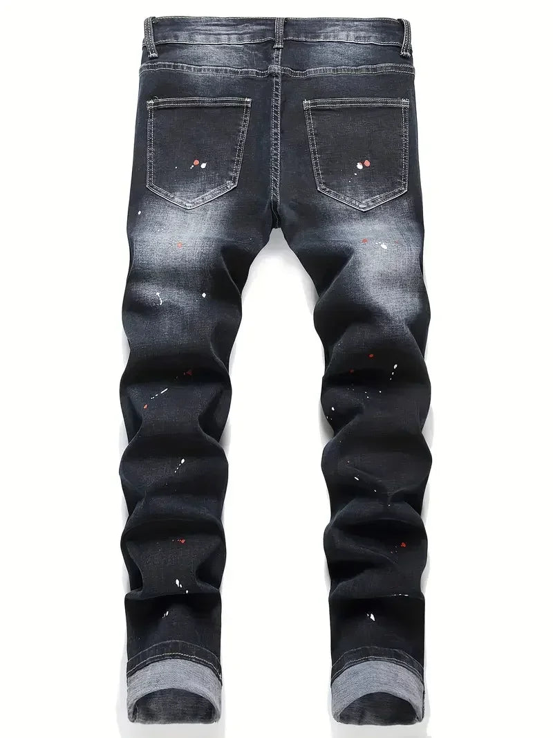 Men’s Y2K Ripped Stretch Denim Jeans – Slim Fit Letter Print Casual Streetwear Pants