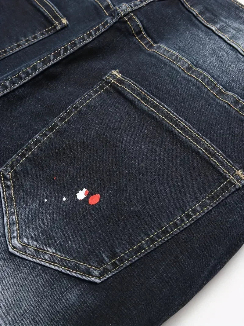Men’s Y2K Ripped Stretch Denim Jeans – Slim Fit Letter Print Casual Streetwear Pants