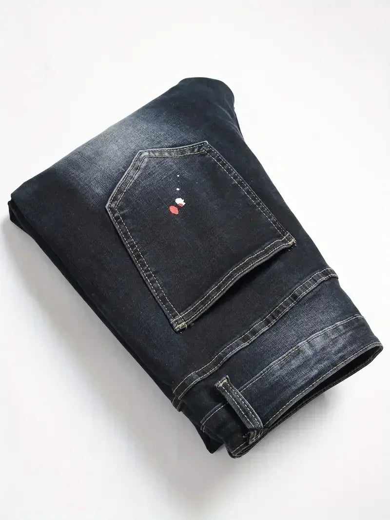 Men’s Y2K Ripped Stretch Denim Jeans – Slim Fit Letter Print Casual Streetwear Pants