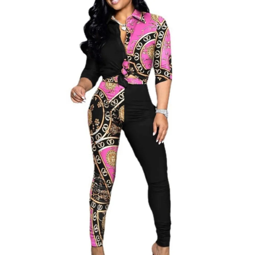 ✨ Women’s Color Block Printed Two-Piece Set – Stylish Comfort for Every Day