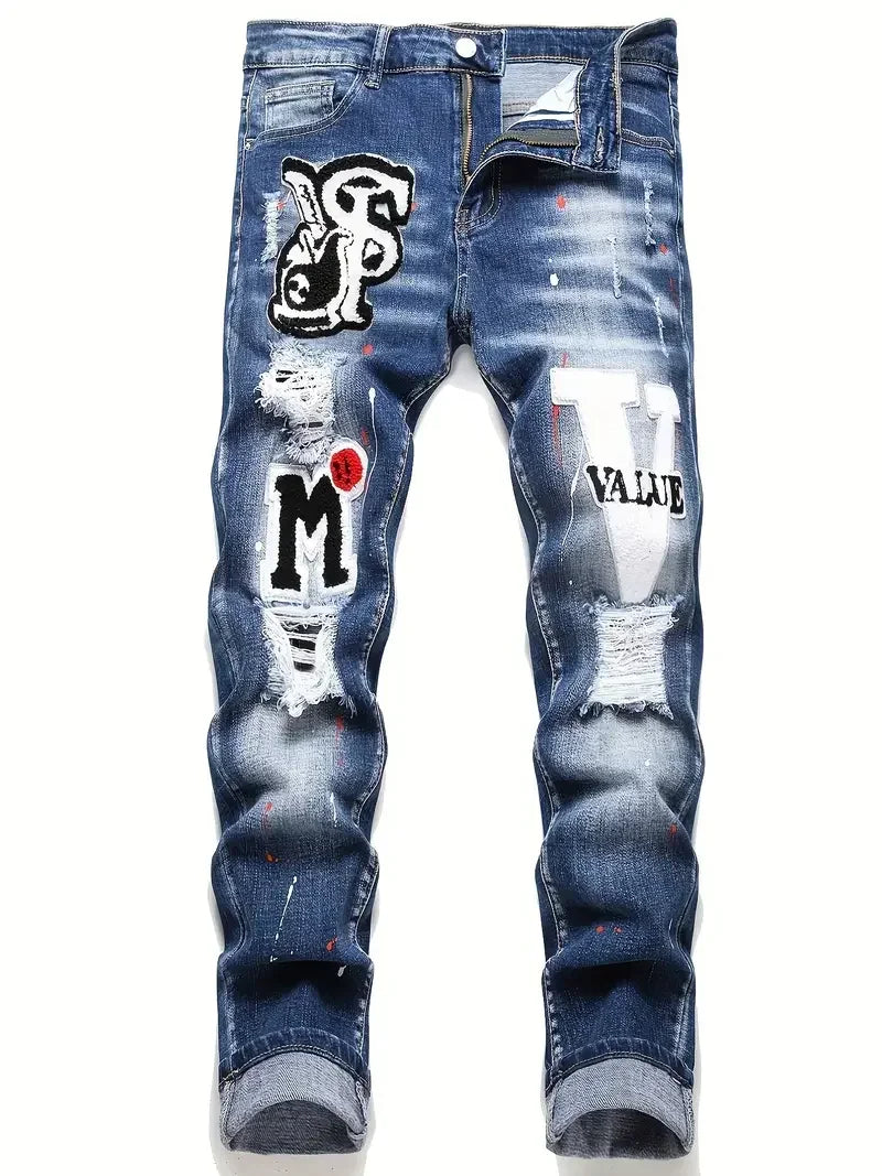 Men’s Y2K Ripped Stretch Denim Jeans – Slim Fit Letter Print Casual Streetwear Pants