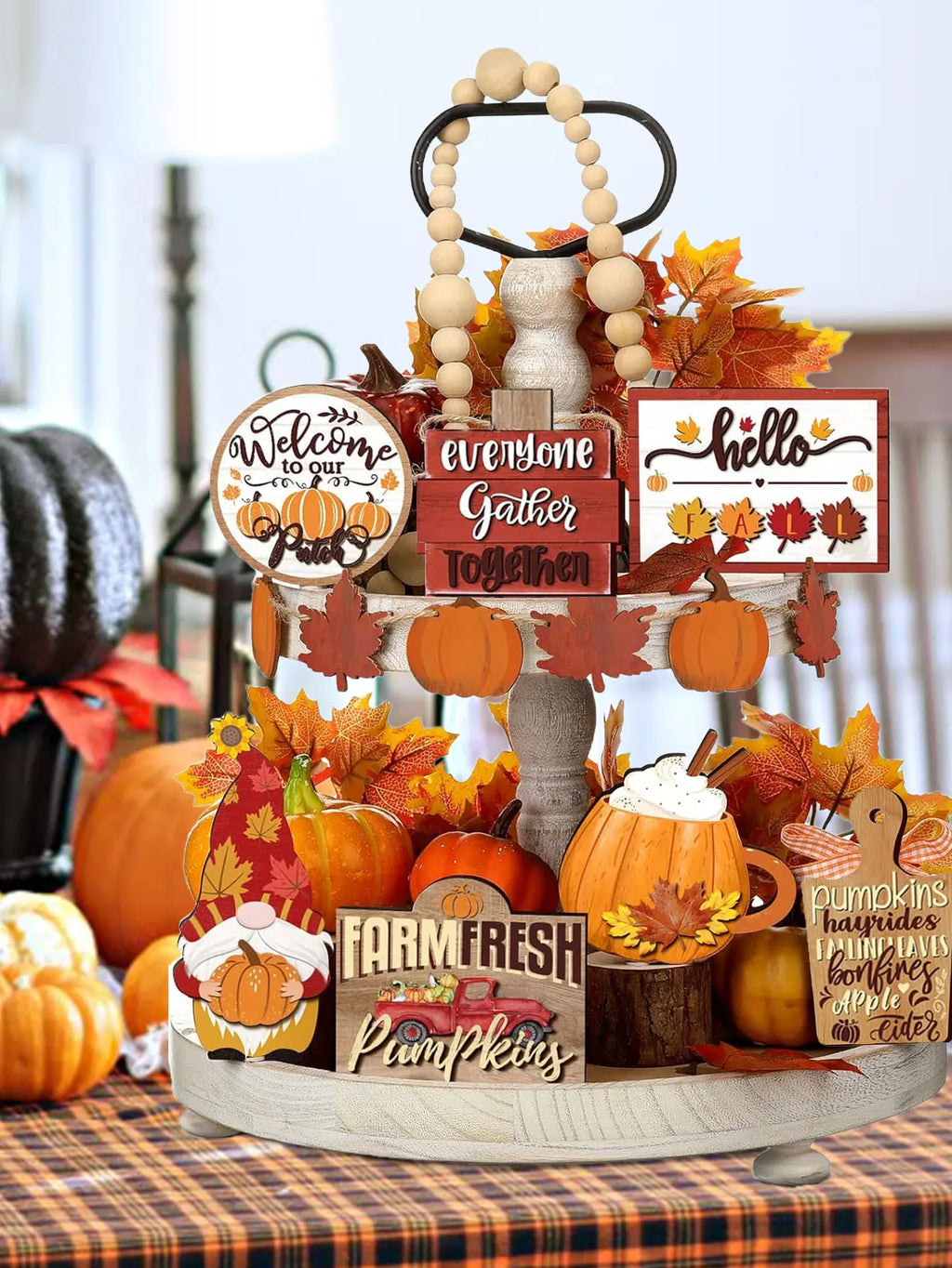 🍂 Fall Harvest Wooden Tiered Tray Decor Set – Farmhouse Autumn Charm