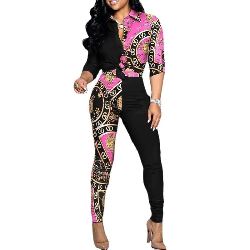 ✨ Women’s Color Block Printed Two-Piece Set – Stylish Comfort for Every Day