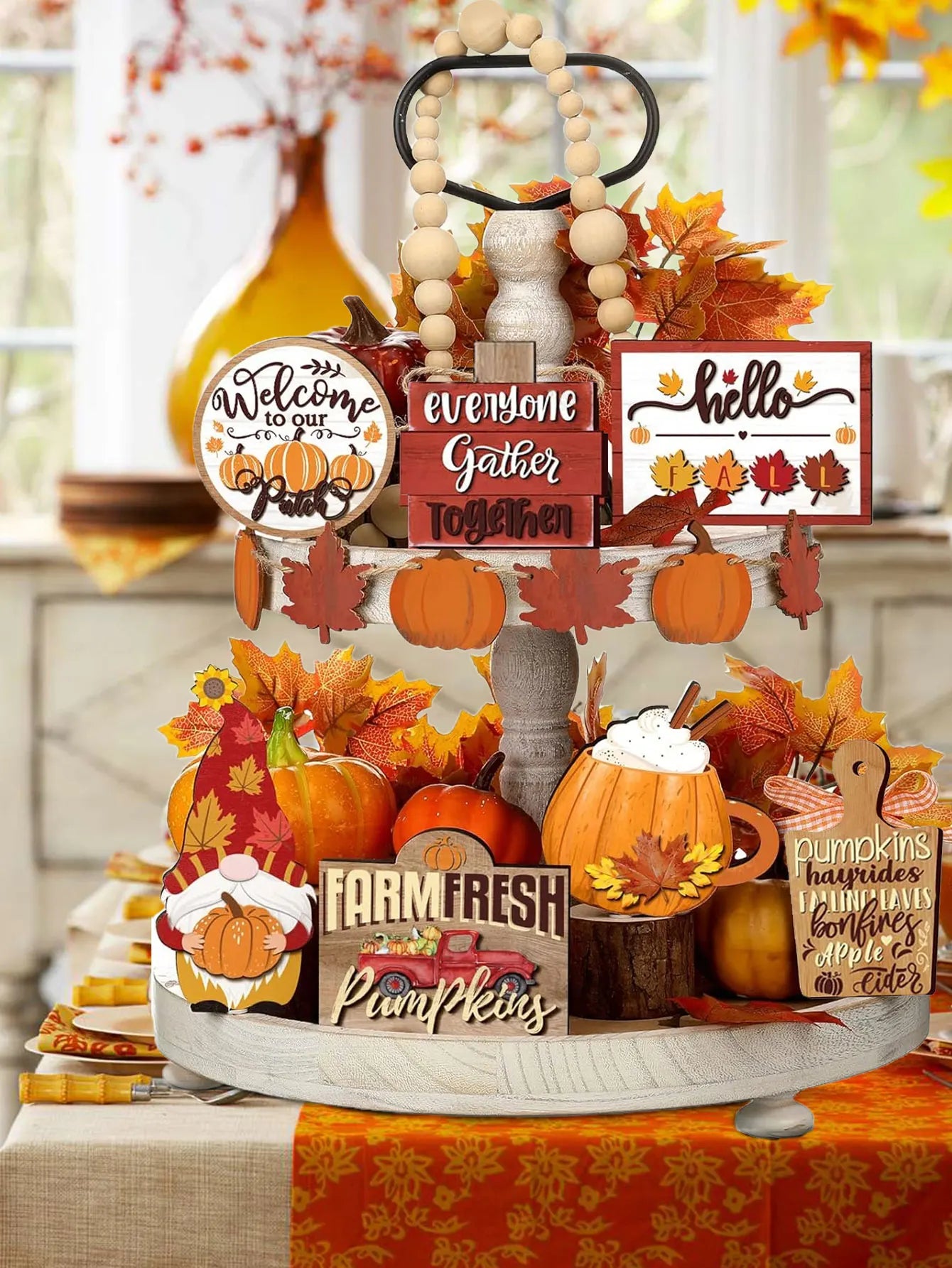 🍂 Fall Harvest Wooden Tiered Tray Decor Set – Farmhouse Autumn Charm